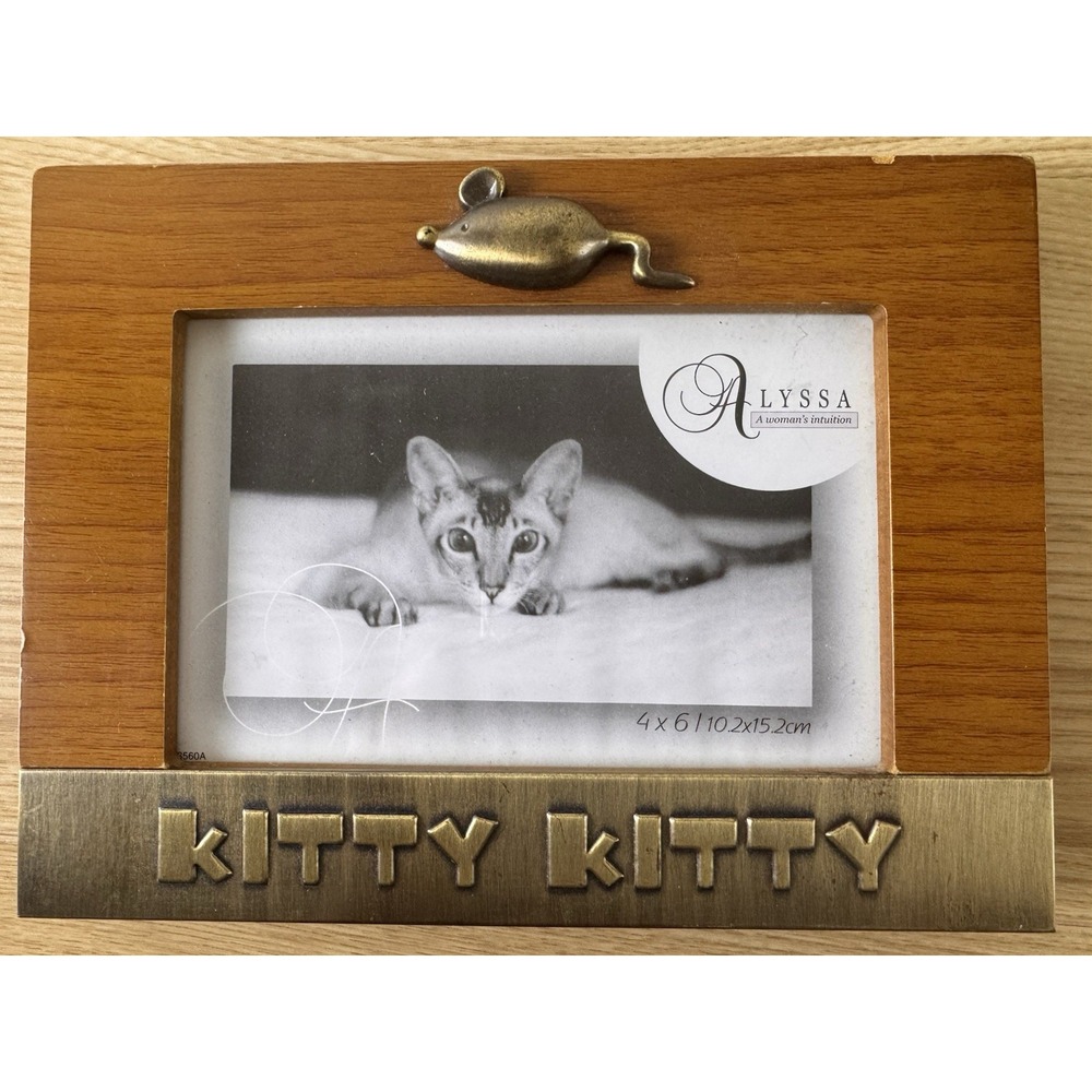 Kitty Kitty Cat Picture Frame 4x6 Wood Brass Mouse Fish Bone Pet Photo Decor
